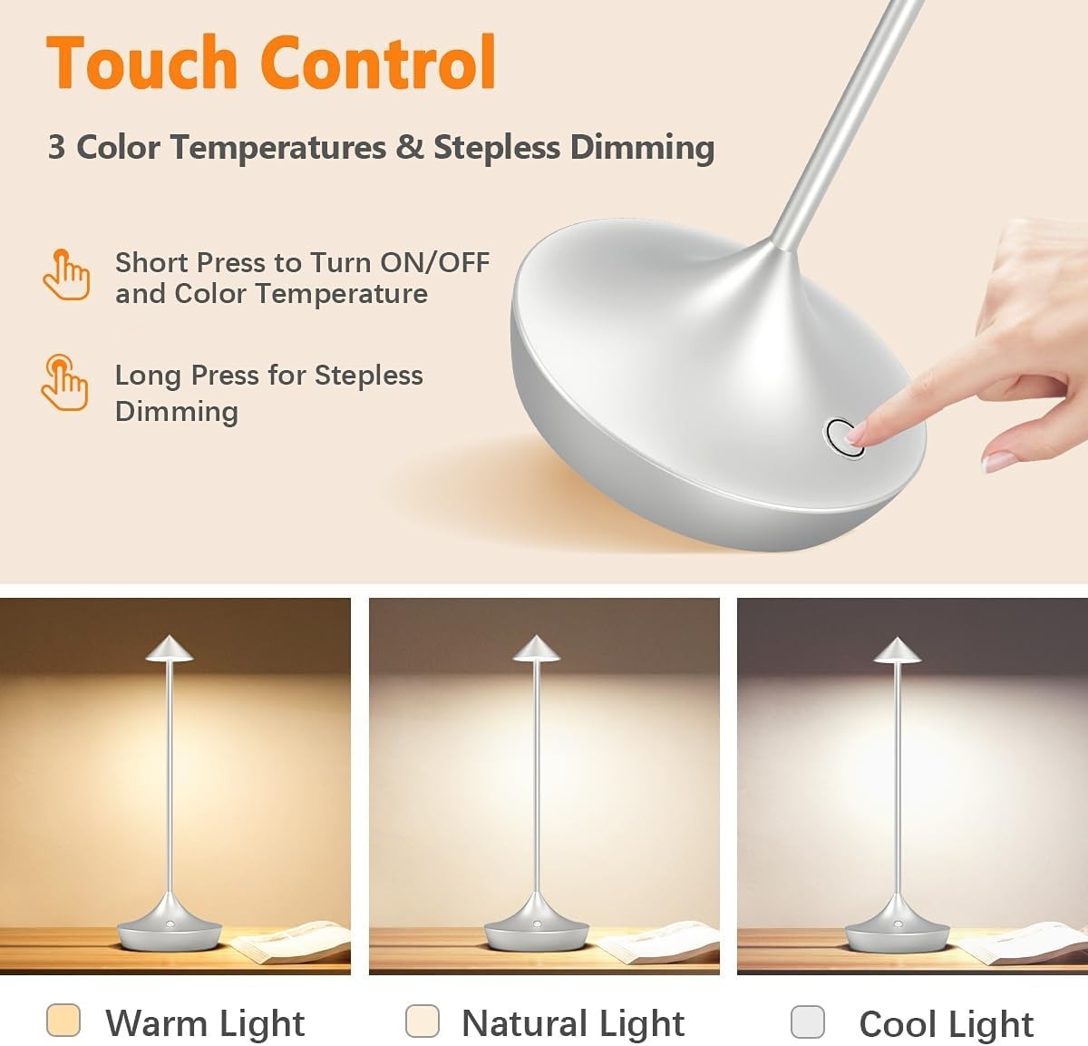 Rechargeable Cordless LED Table Lamps 2pcs Silver, Dimmable, Portable