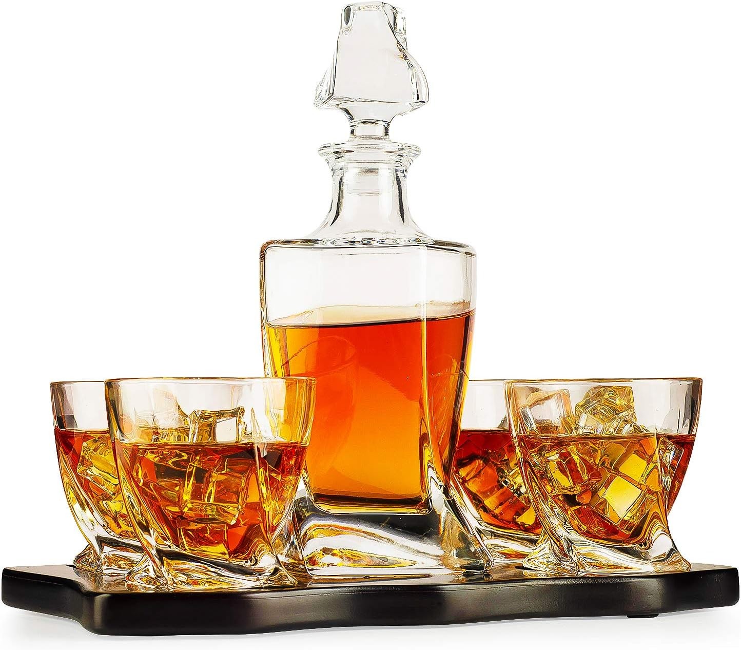Luxury Crystal Whiskey Decanter Set 855ml with 4 Glasses & Wood Tray Gift
