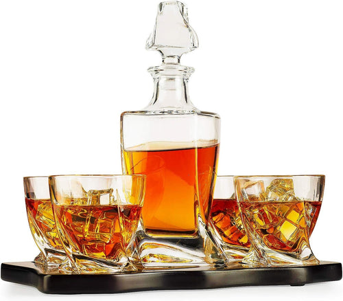 Luxury Crystal Whiskey Decanter Set 855ml with 4 Glasses & Wood Tray Gift