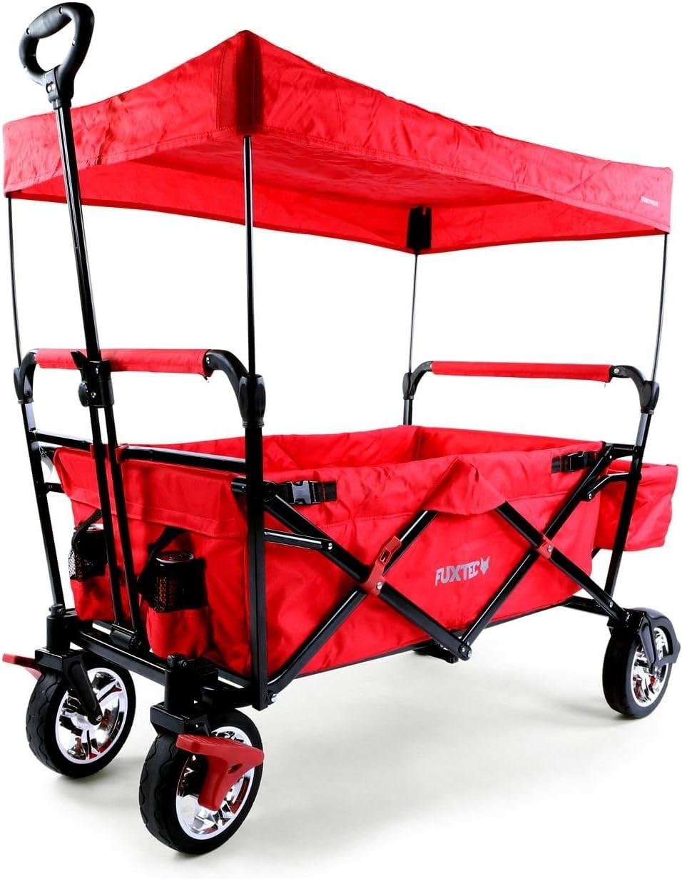 Red Kids Folding Wagon Push Pull Stroller Cart w/ Canopy & Storage Bag