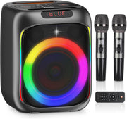 80W Portable Bluetooth Karaoke Machine 2 Wireless Mics LED Lights