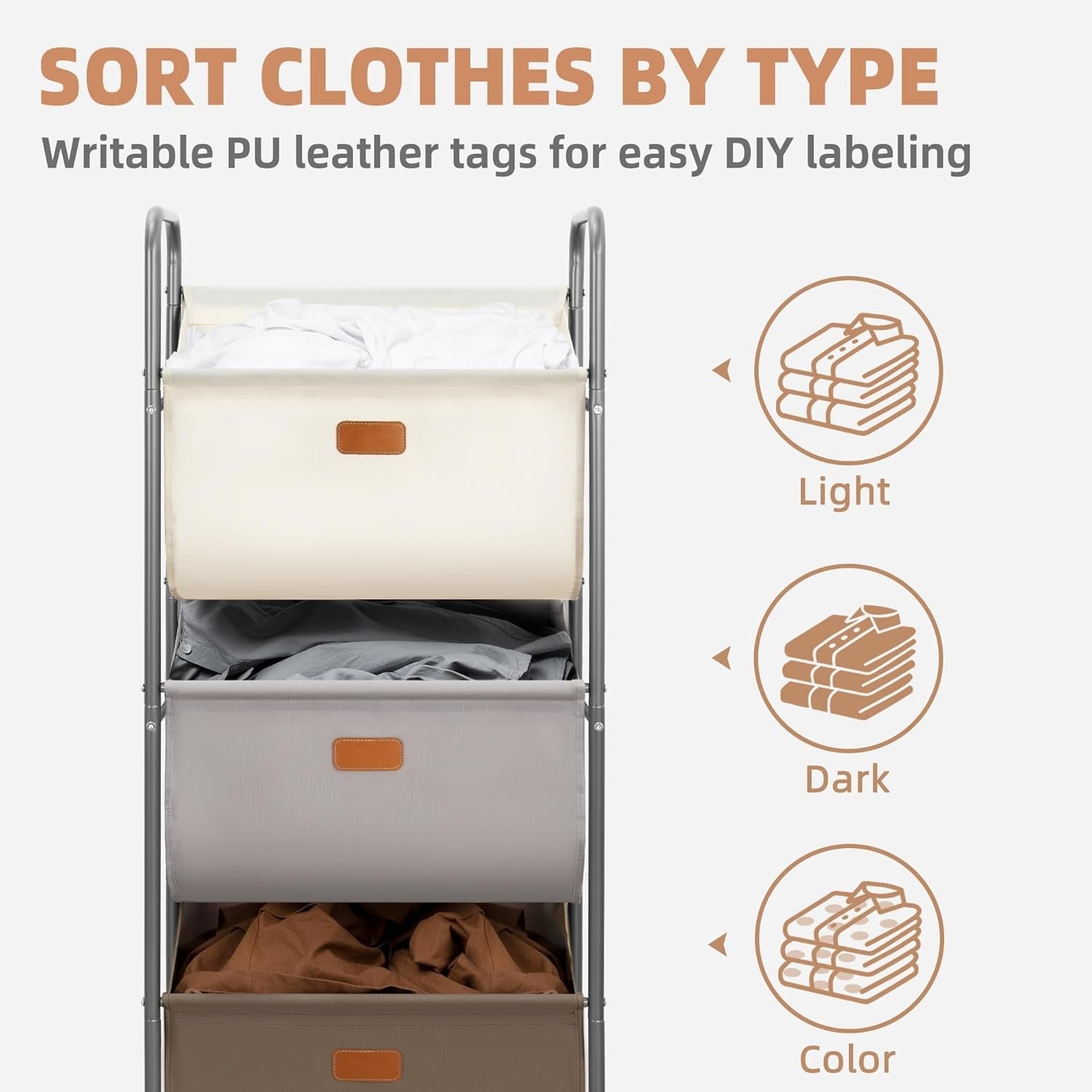3 Tier Vertical Rolling Laundry Hamper 120L Removable Bags Space Saving Cart