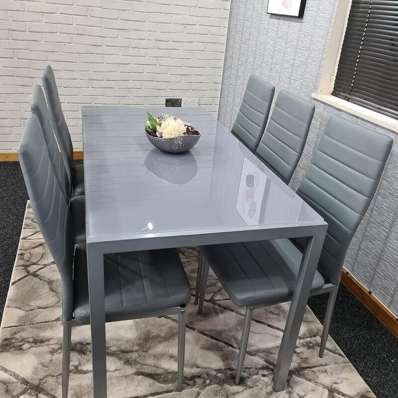 6 Seater Grey Glass Dining Table Set with Faux Leather Chairs & Metal Legs