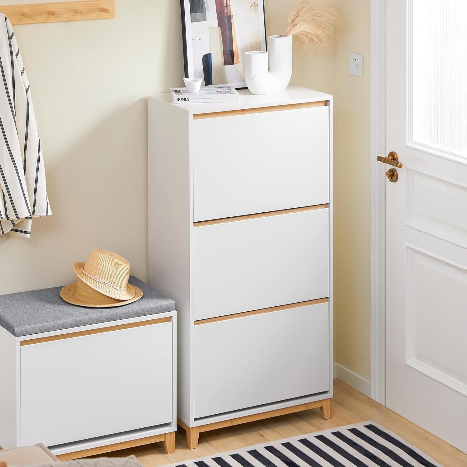 White Slim Shoe Cabinet with 3 Flip Drawers Narrow Hallway Storage 60x34x122cm