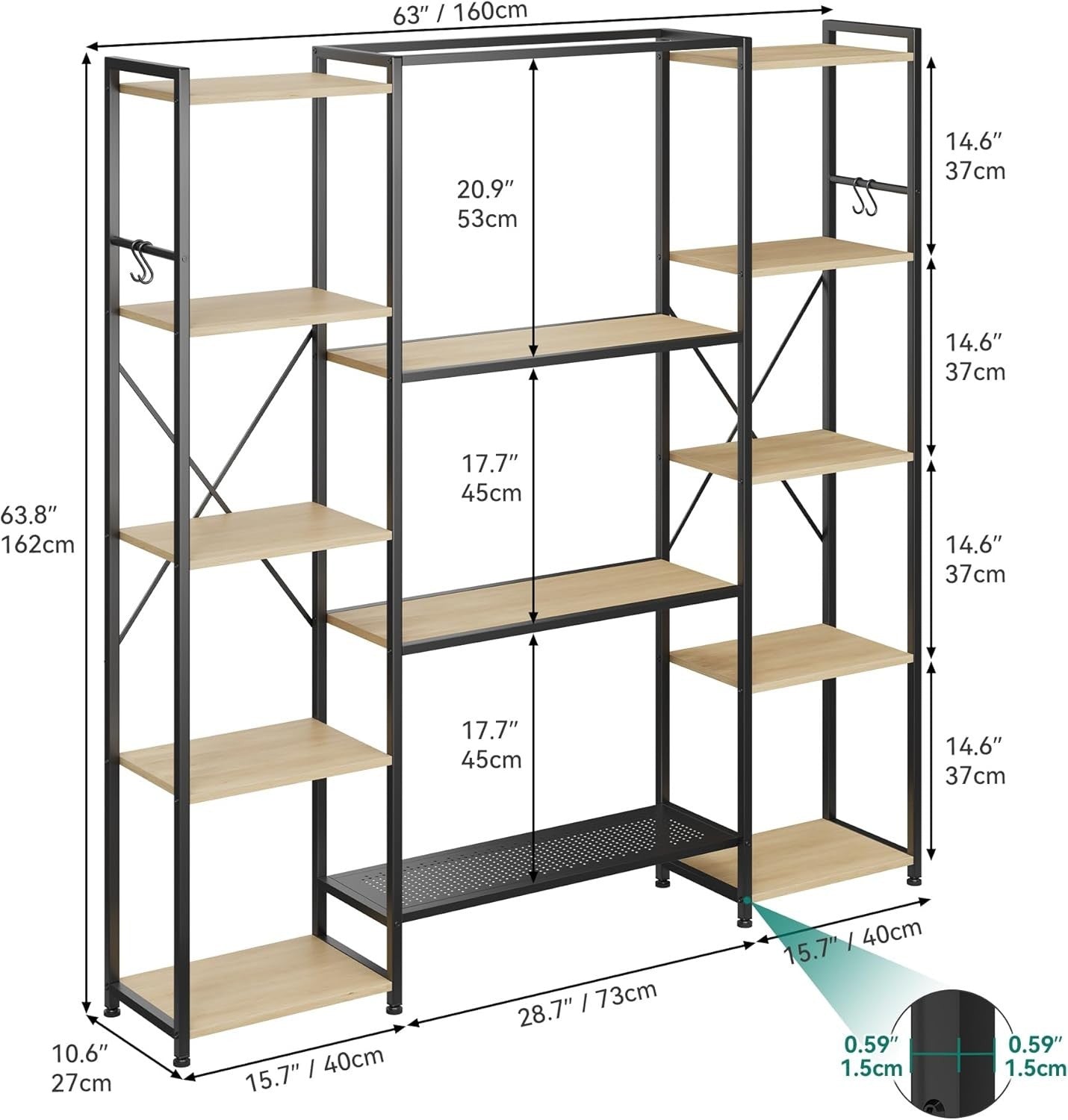 13 Shelf Industrial Bookcase Oak Metal & Wood Storage Display Rack