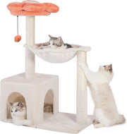 Beige Flower Cat Tree Tower with Hammock Condo Sisal Scratching Post