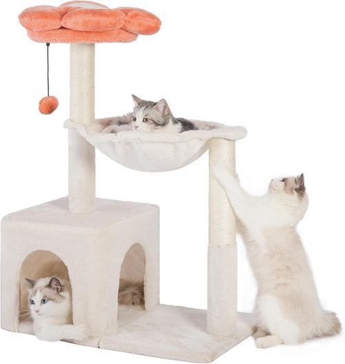 Beige Flower Cat Tree Tower with Hammock Condo Sisal Scratching Post
