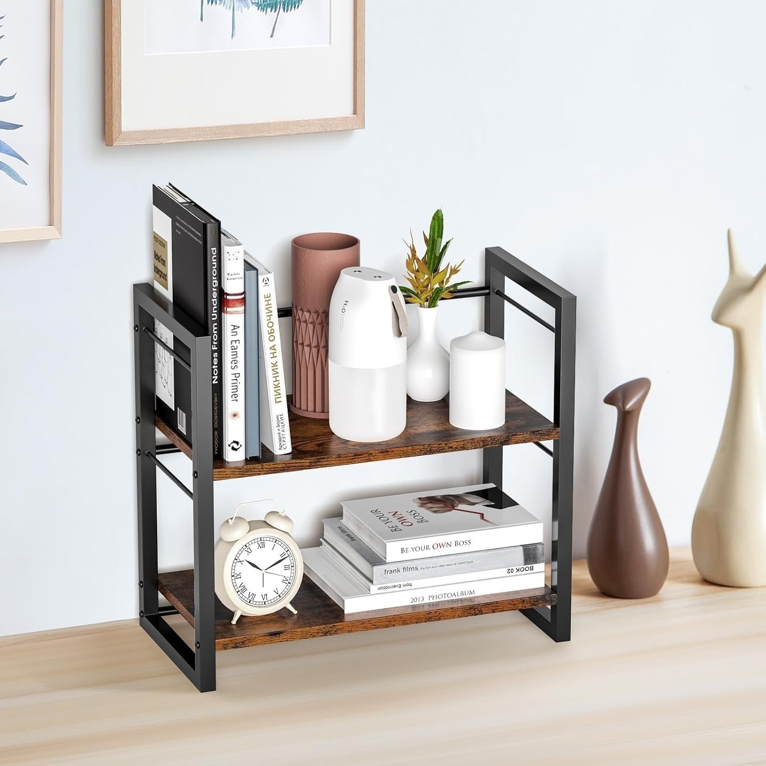 Wood Desk Shelf Organizer 2 Tier Desktop Storage Rack for Office Home Brown