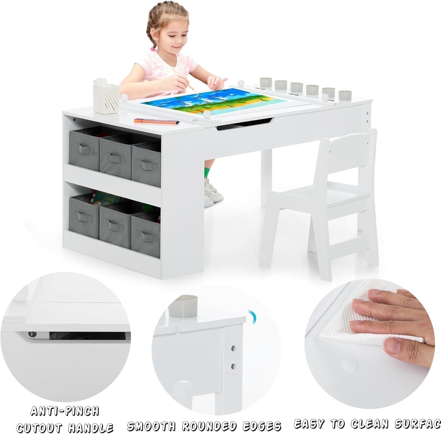 Kids Art Table & Chair Set with Lift-Top, Storage Boxes & Paper Roll