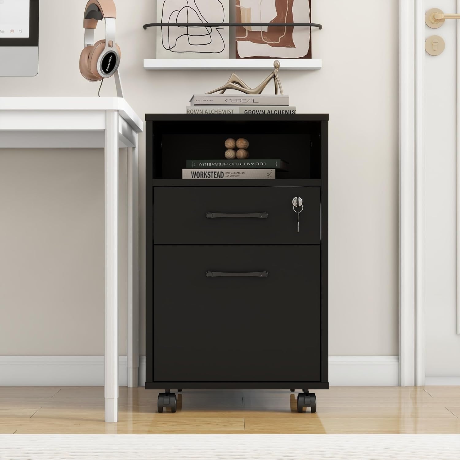 Black Mobile Filing Cabinet Lockable Drawer Printer Stand Under Desk