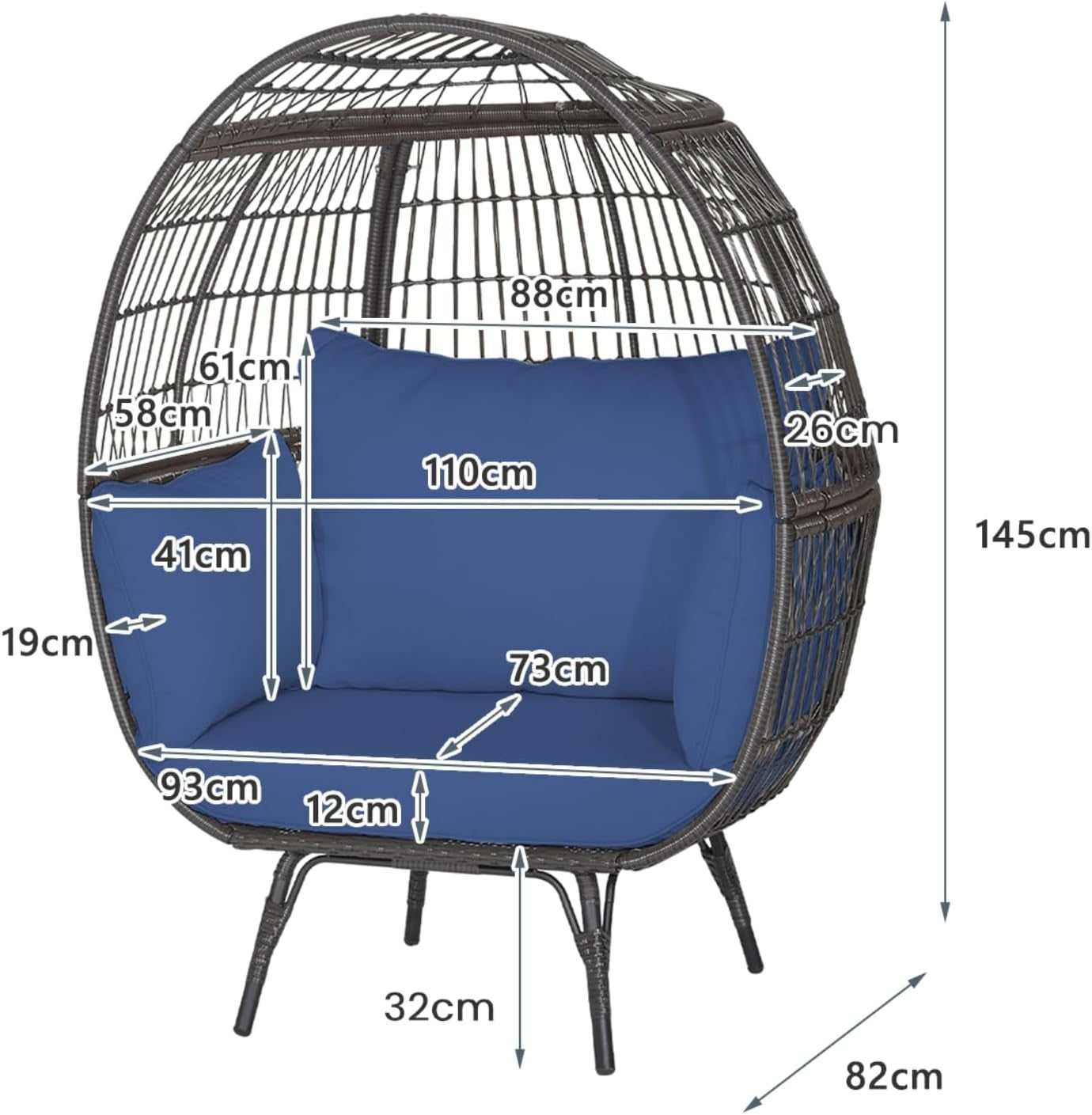 Navy Two Seater Rattan Egg Chair Oversized Cushioned Freestanding Lounger