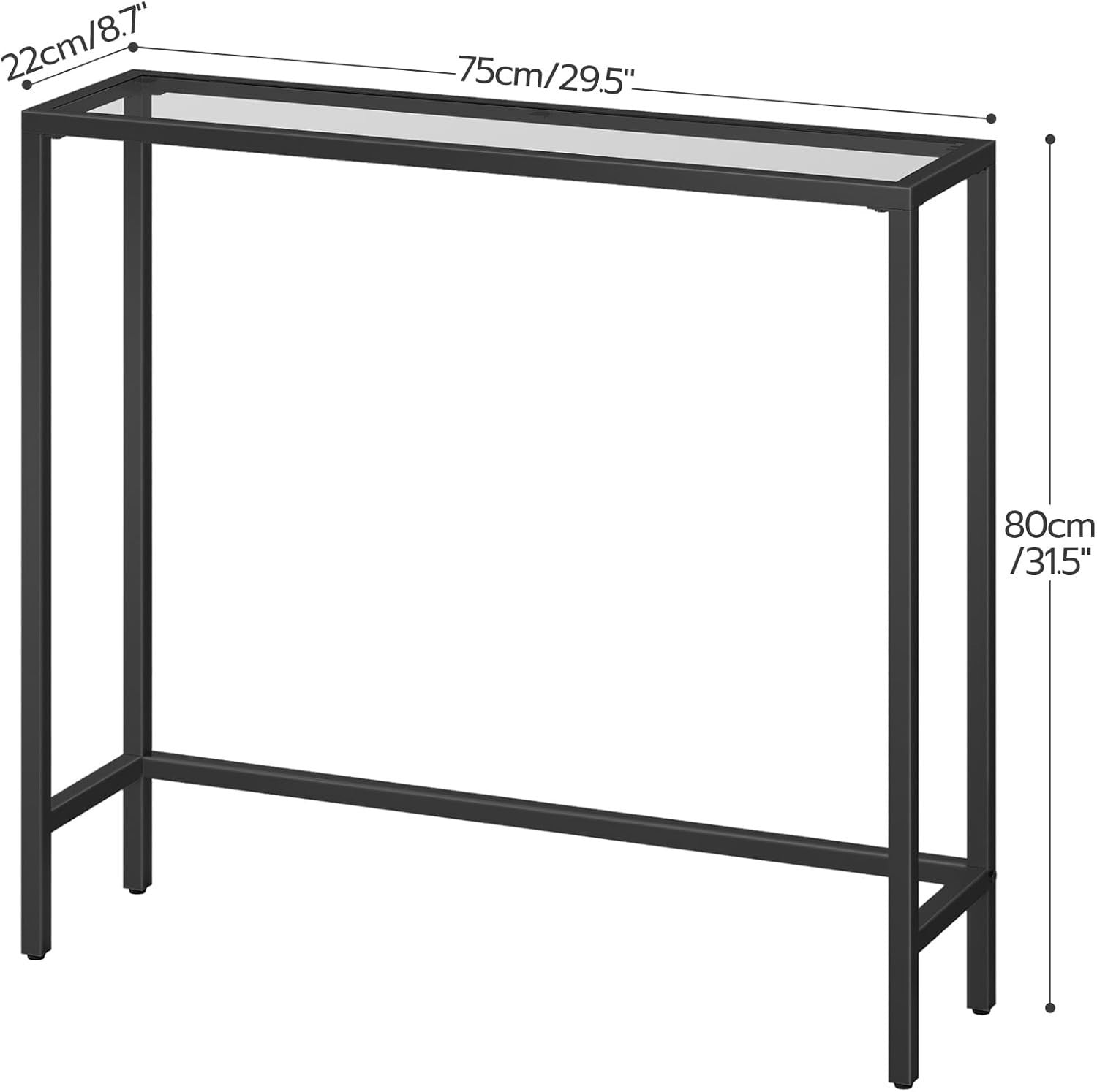 Slim Black Console Table with Glass Top, Modern Metal Frame, 75x22x80cm