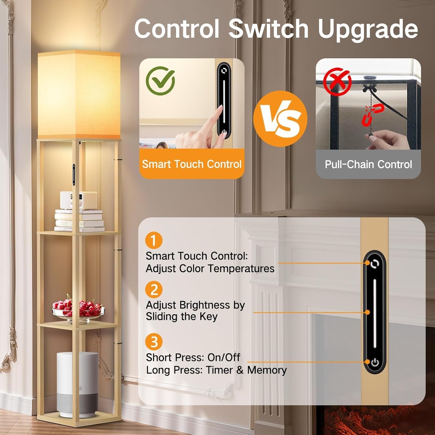 Floor Lamp with Shelves Dimmable Touch Remote LED Standing Light Wood