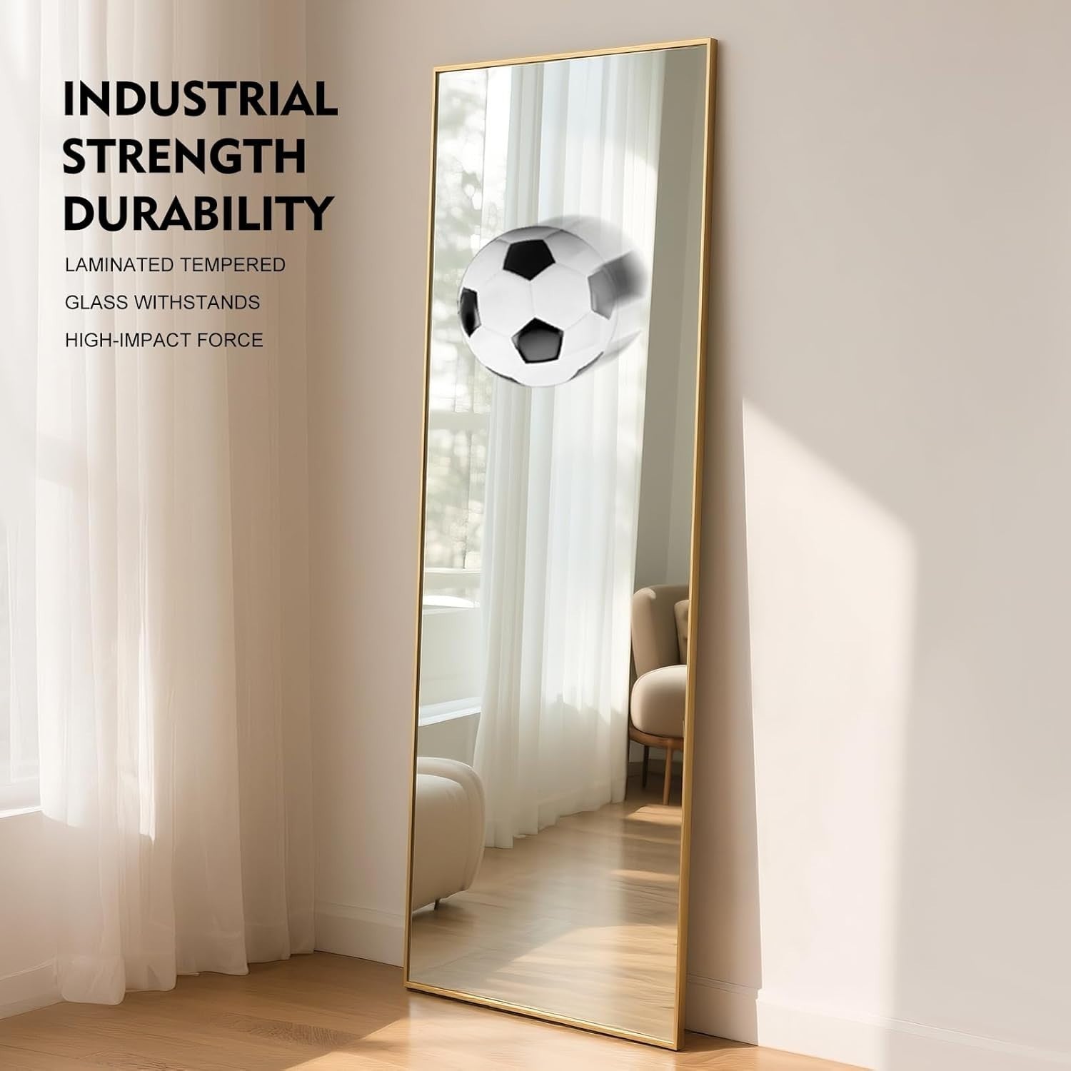 Gold Full Length Mirror 140x40cm Wall or Floor Standing, Shatterproof Glass