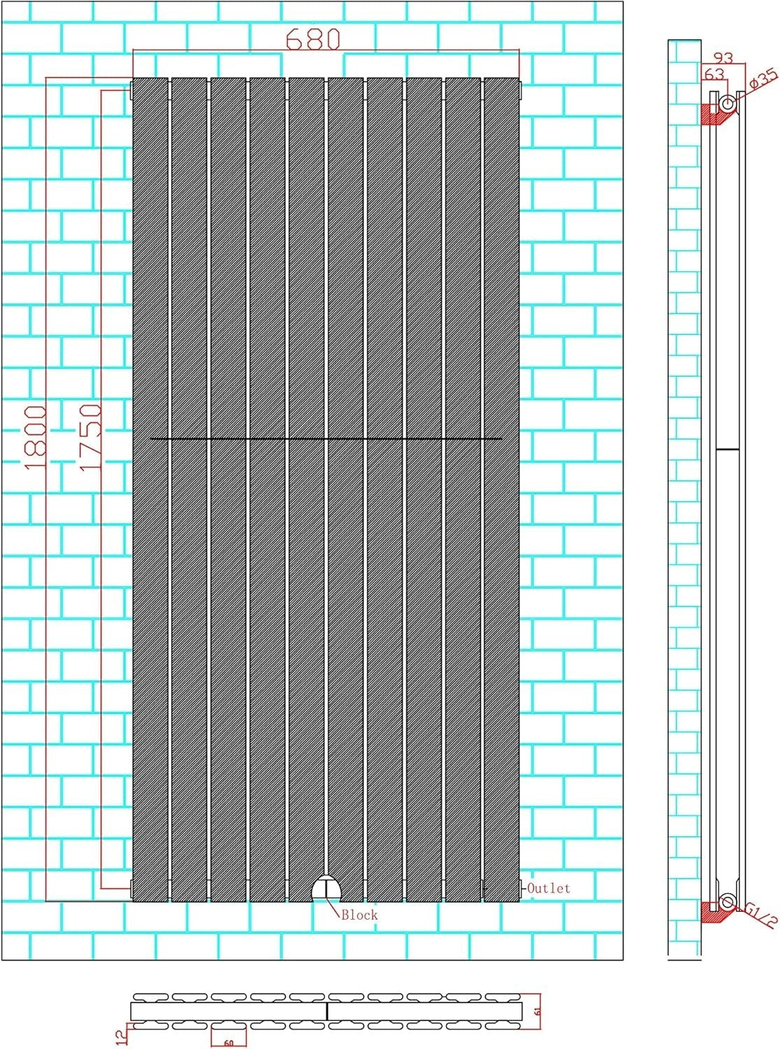 Double Panel Radiator 1800x680mm Anthracite Modern Wall Heater
