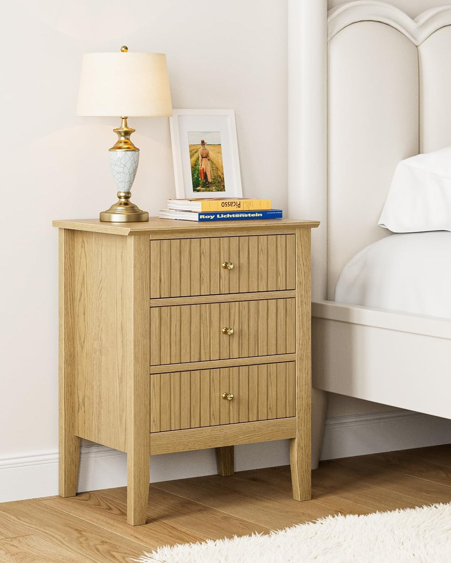 Modern Yellow Oak Bedside Table with 3 Drawers Wooden Nightstand Bedroom