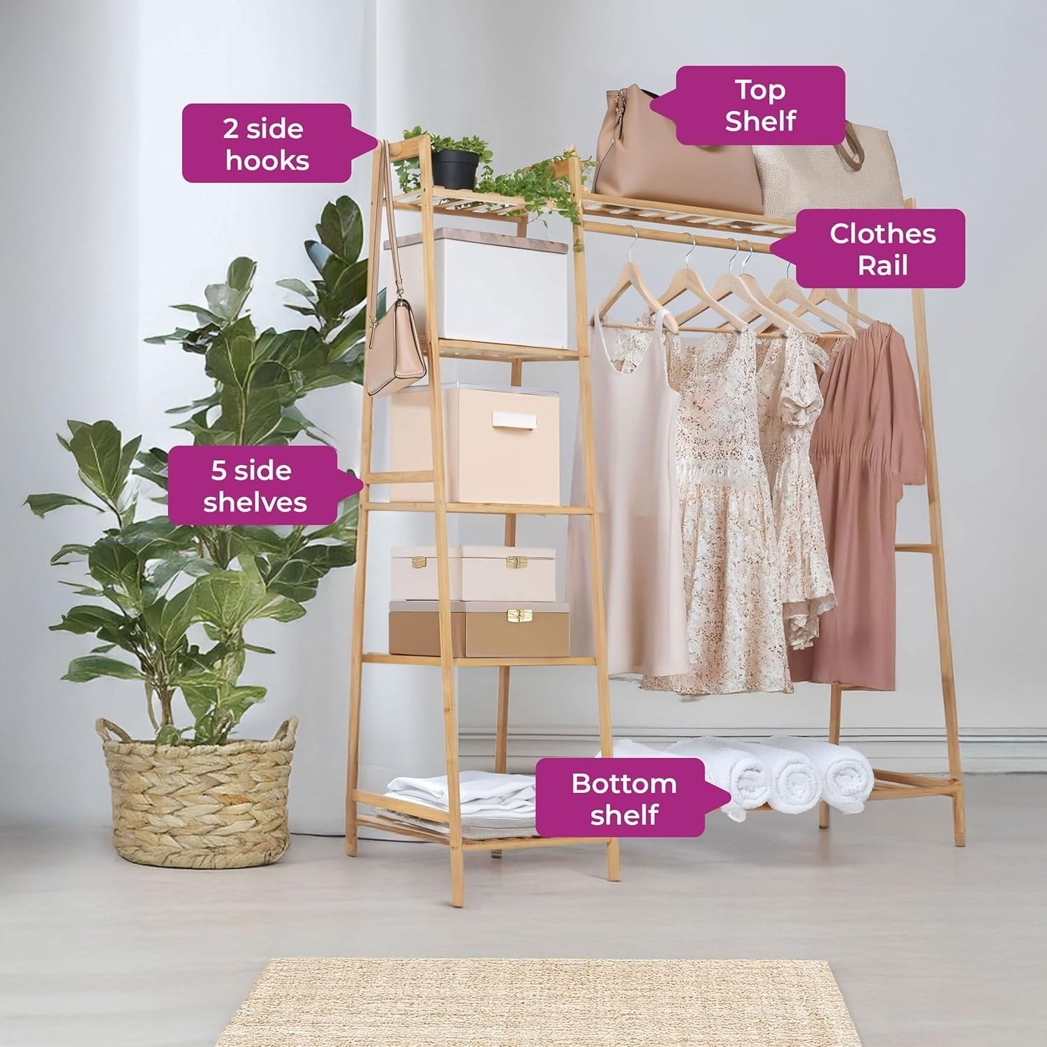 Natural Bamboo Clothes Rack with Shelves & Side Hooks – Wood
