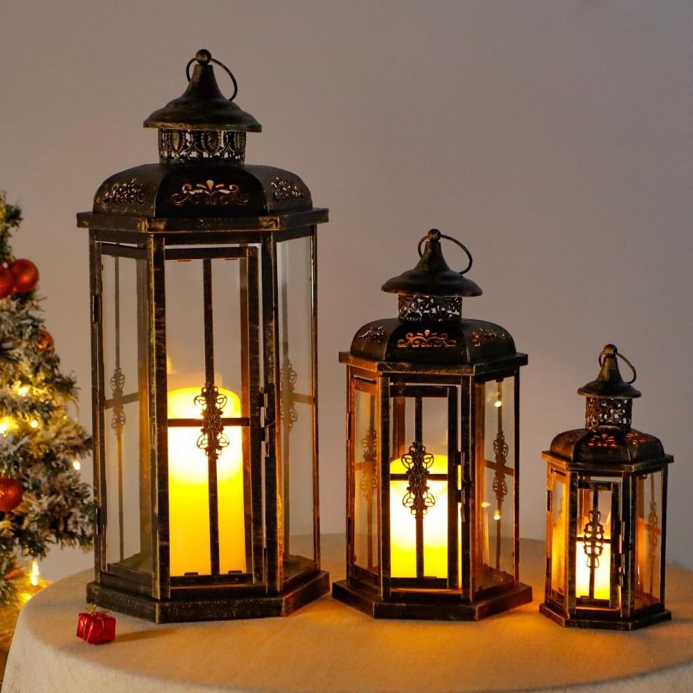 3 Pack Metal Candle Lanterns Indoor Outdoor Black Gold