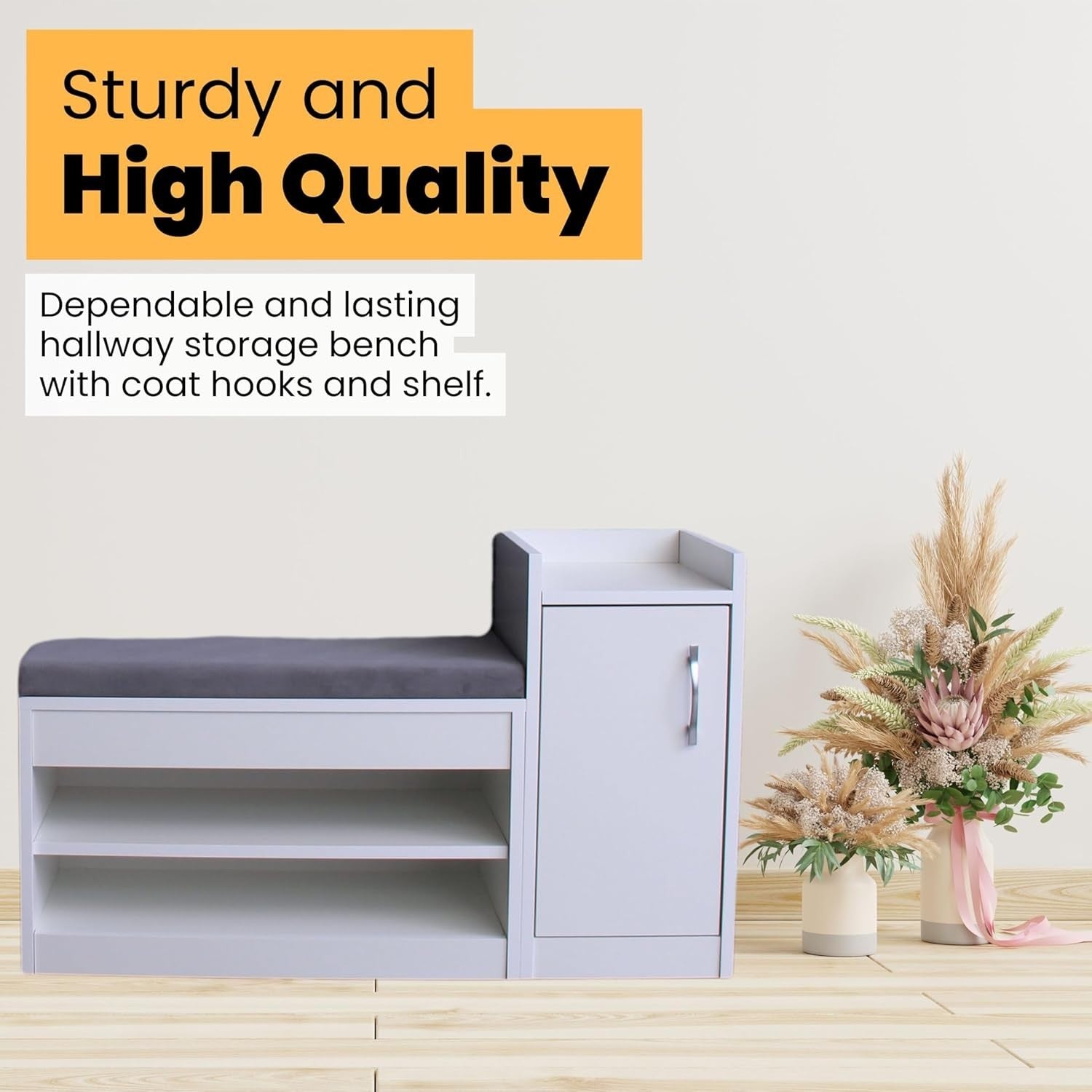White Shoe Bench with Cushion & Wall Coat Rack Set Hallway Storage 100x35x60cm