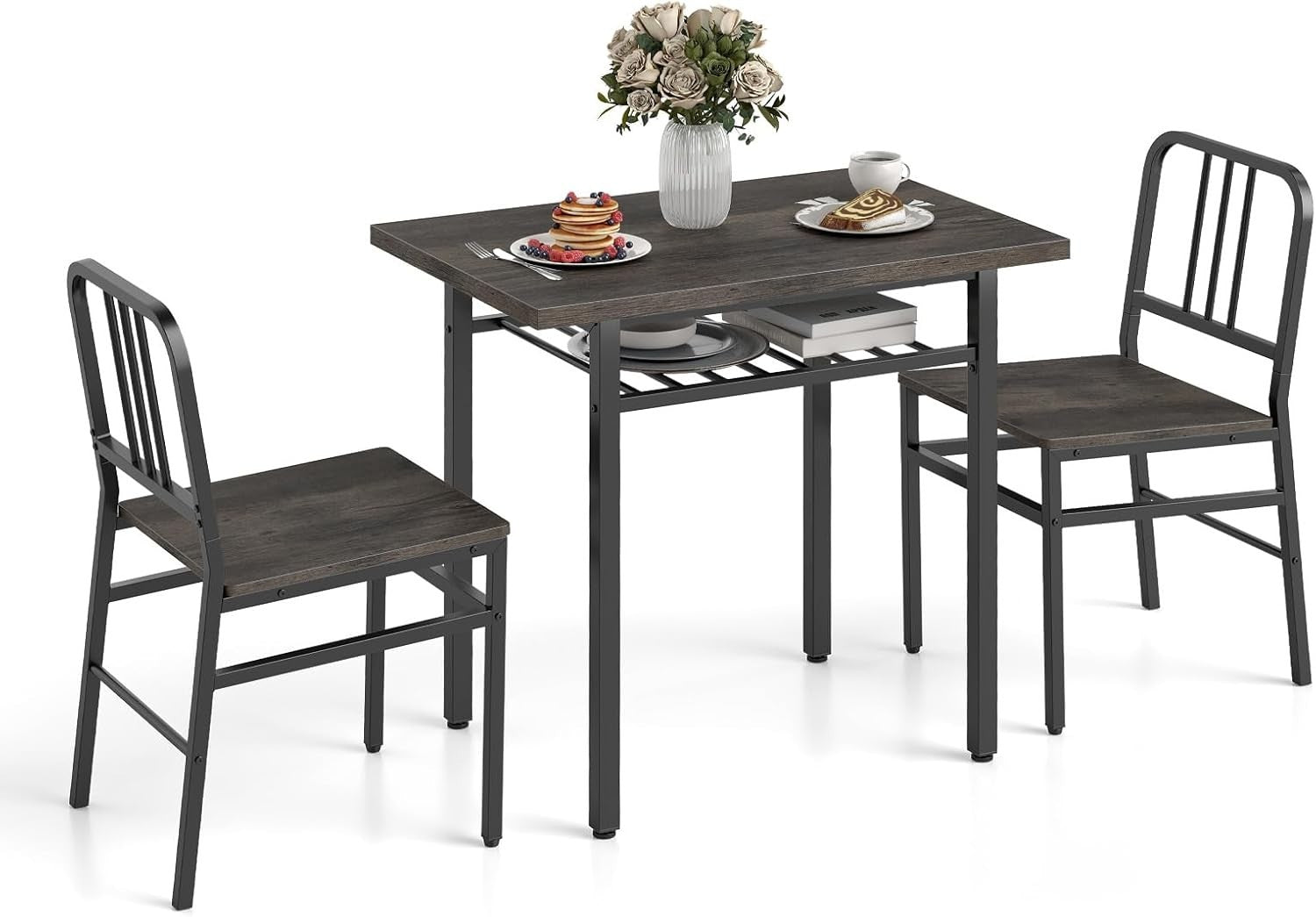 Rectangular 3-Piece Kitchen Dining Set with Storage Rack & Adjustable Feet