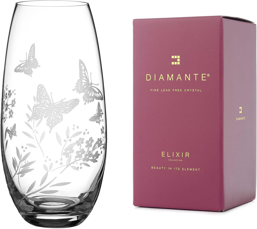 Crystal Glass Flower Vase 25cm Tall Etched Butterfly Floral Home Décor