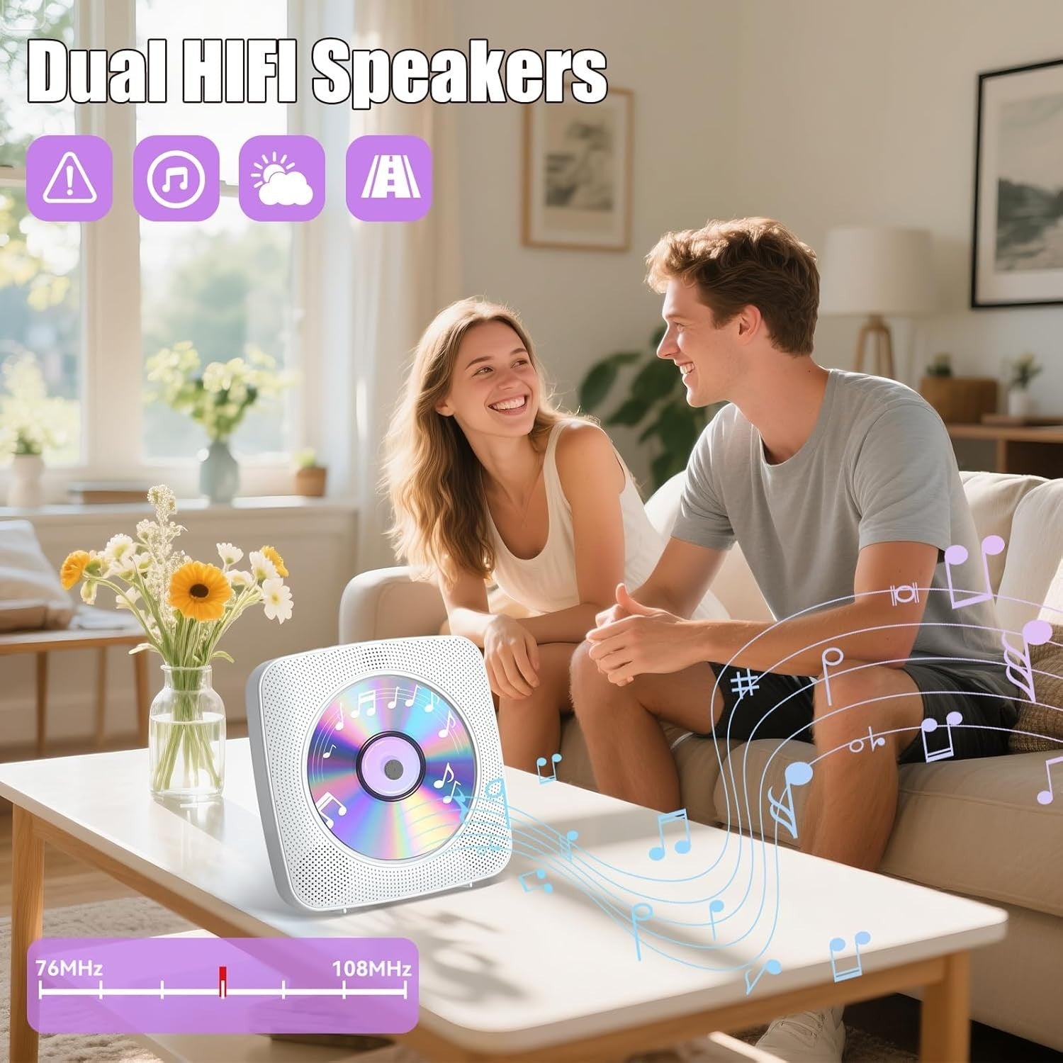 Desktop CD Player Bluetooth Speakers FM Radio USB AUX Remote White