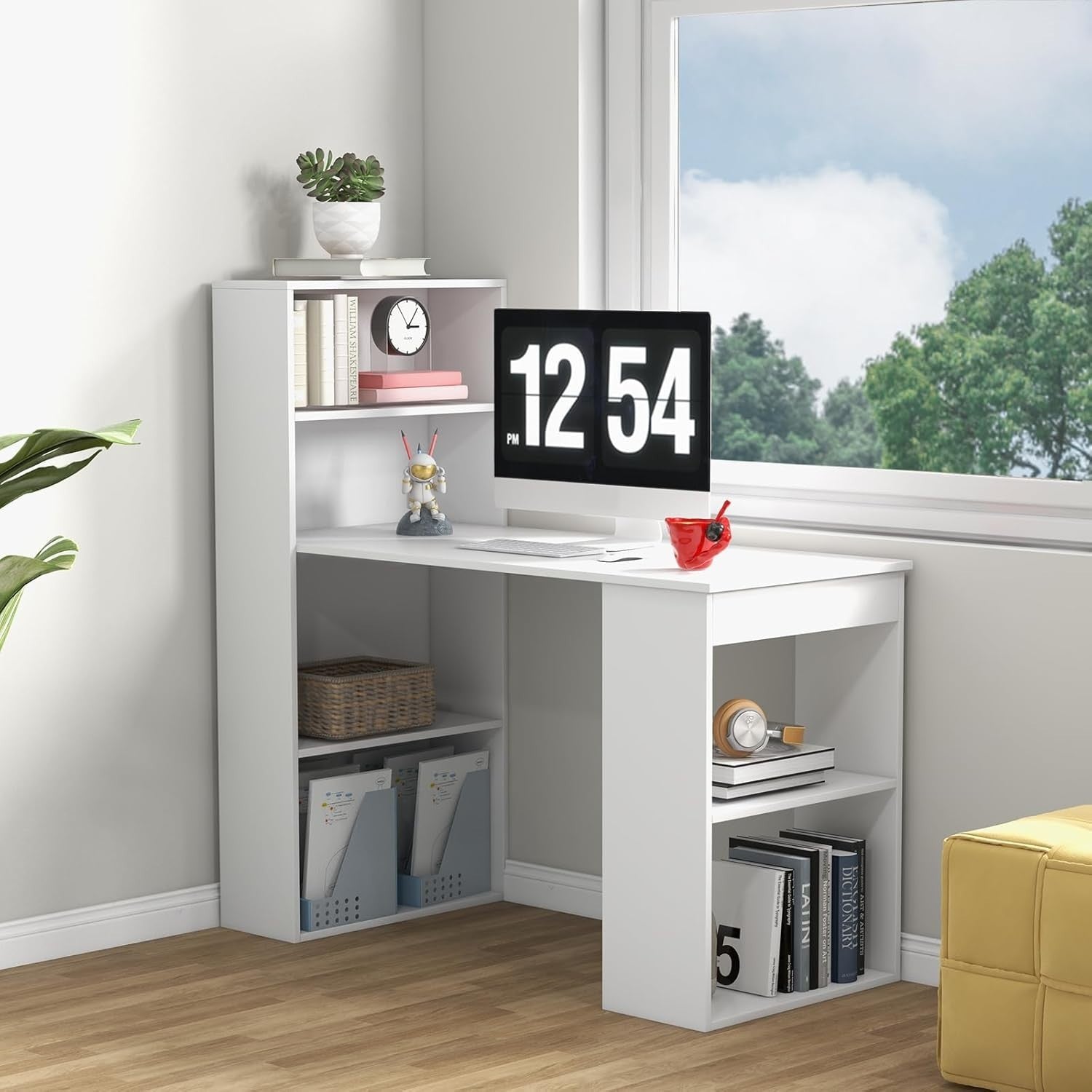 White Computer Desk 122x52cm w/6-Tier Storage Shelves, Home Office Table