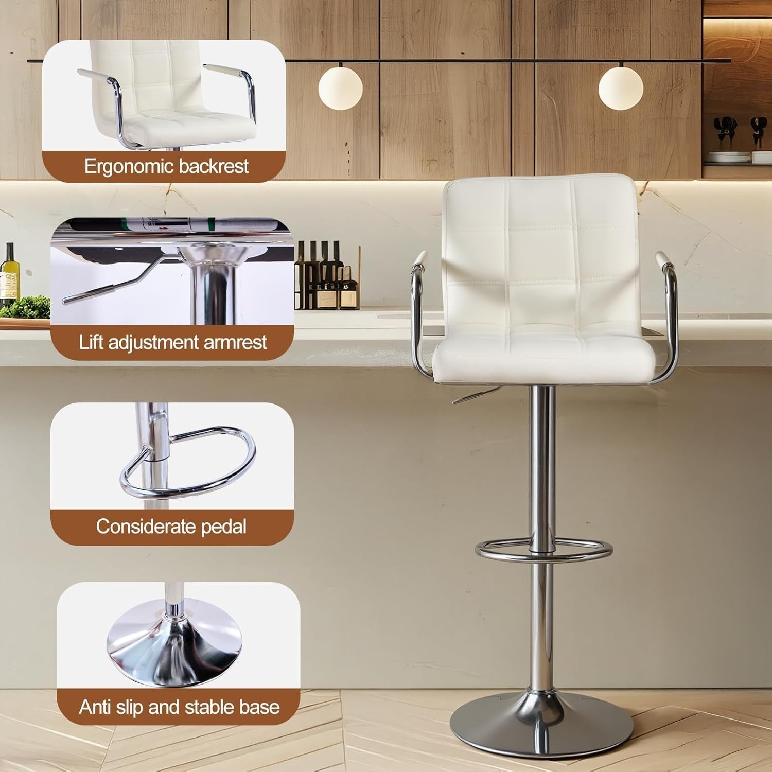 Beige PU Leather Bar Stool Adjustable Height 360° Swivel with Armrest