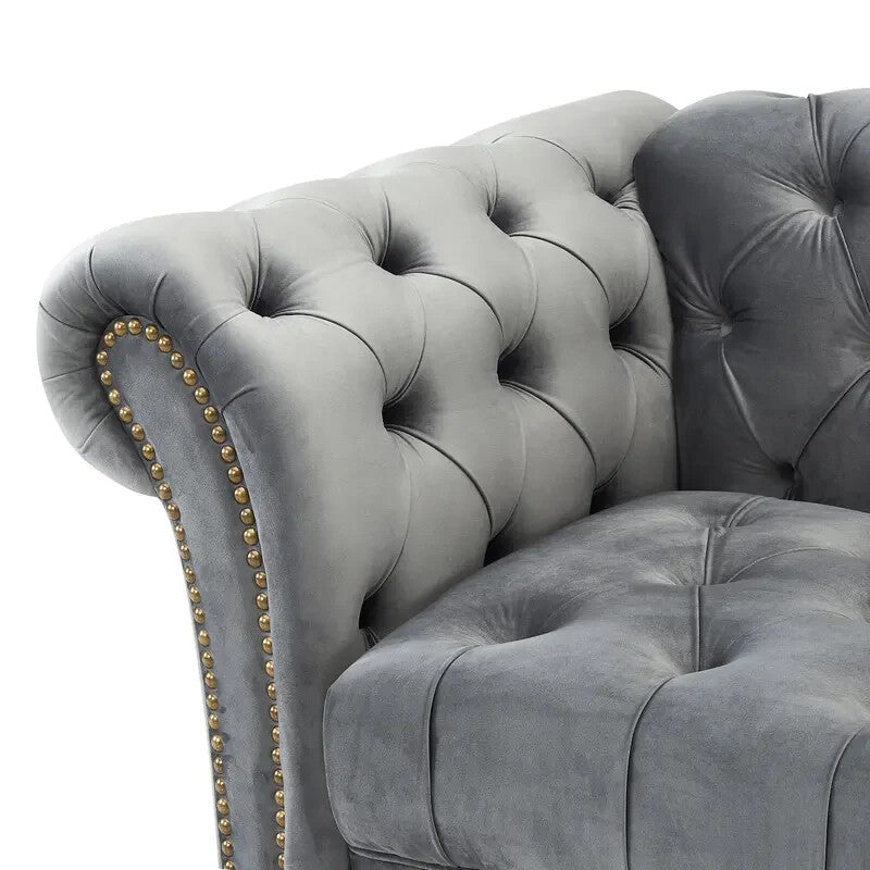 Chesterfield 3 Seater Sofa Grey Velvet | Tufted Scroll Arm Couch UK