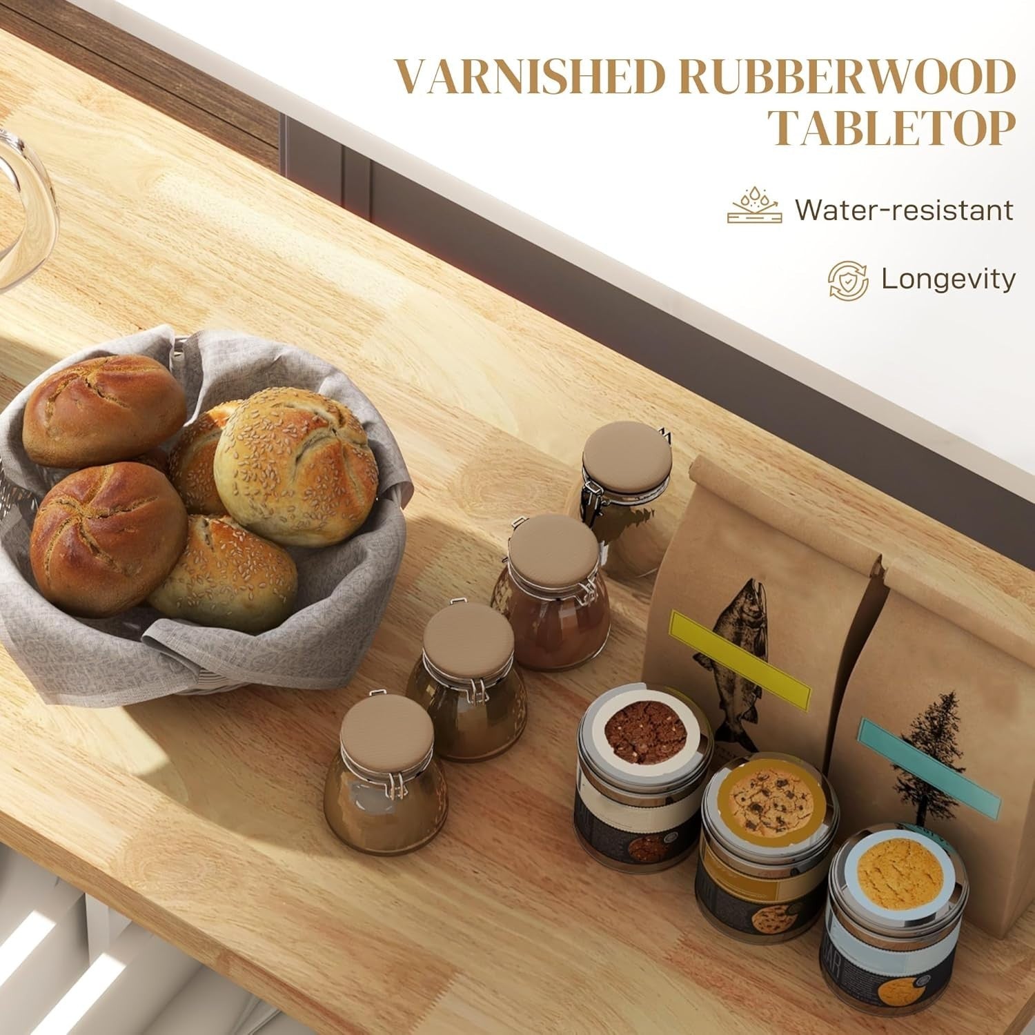 Rolling Kitchen Island Trolley with Drawers, Shelves & Rubber Wood Top 111x44cm