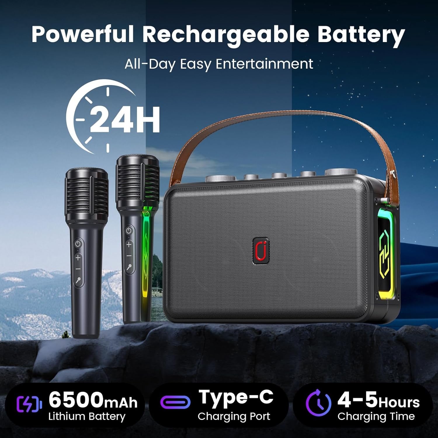 Bluetooth 5.3 Karaoke Machine 2 Wireless Mics Portable PA