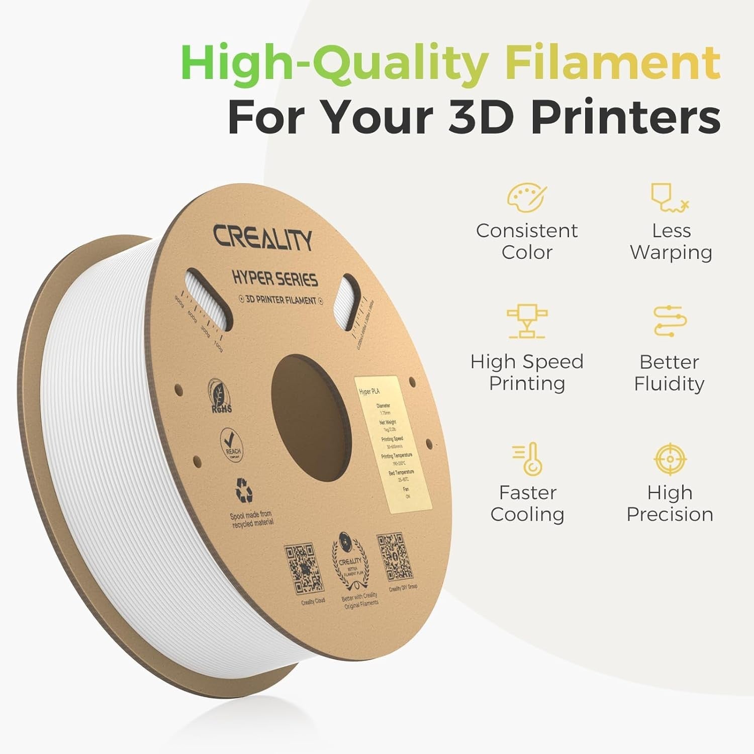Hyper PLA Filament White 4KG High Speed 600mm/s 1.75mm ±0.03mm