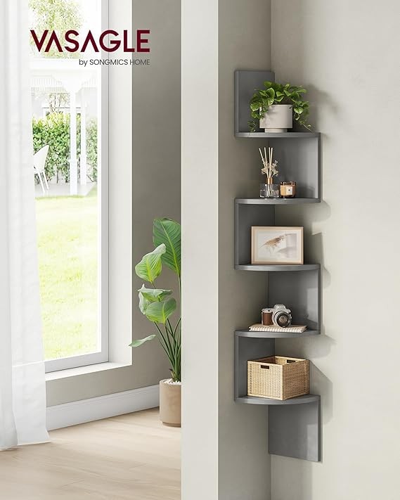 5 Tier Corner Wall Shelf Dove Grey Floating Storage Rack for Bedroom Living Room
