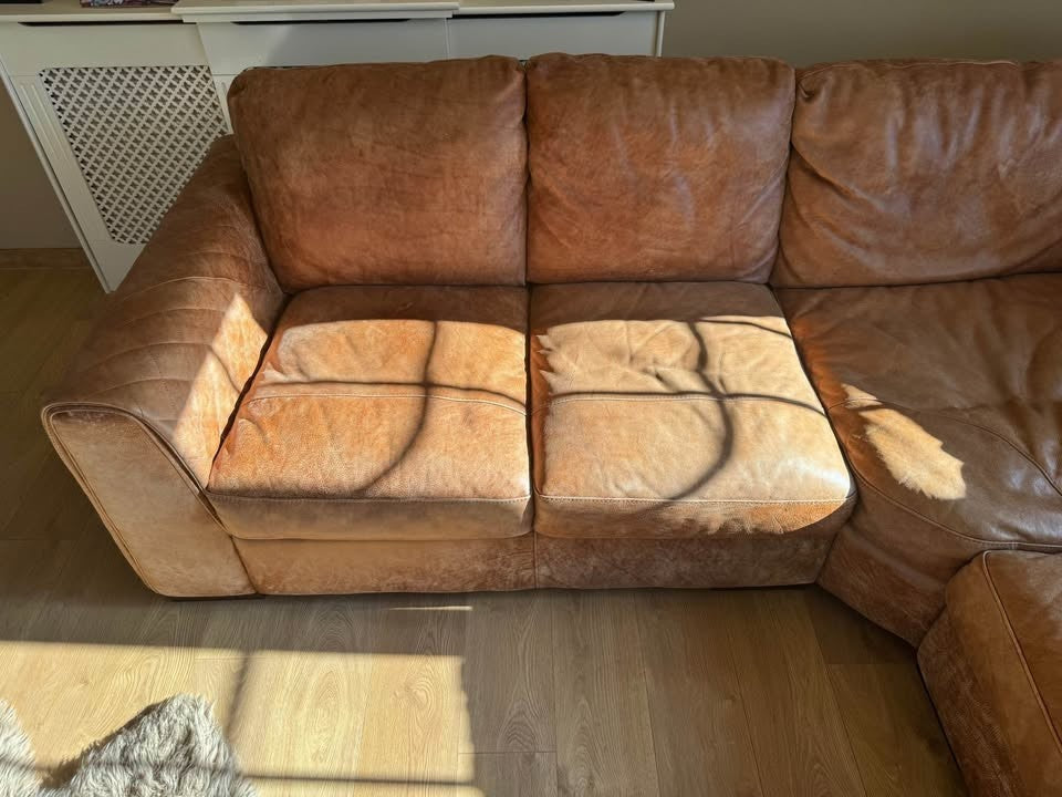 Extra Large Rustic Tan Leather Corner Sofa (PTP)