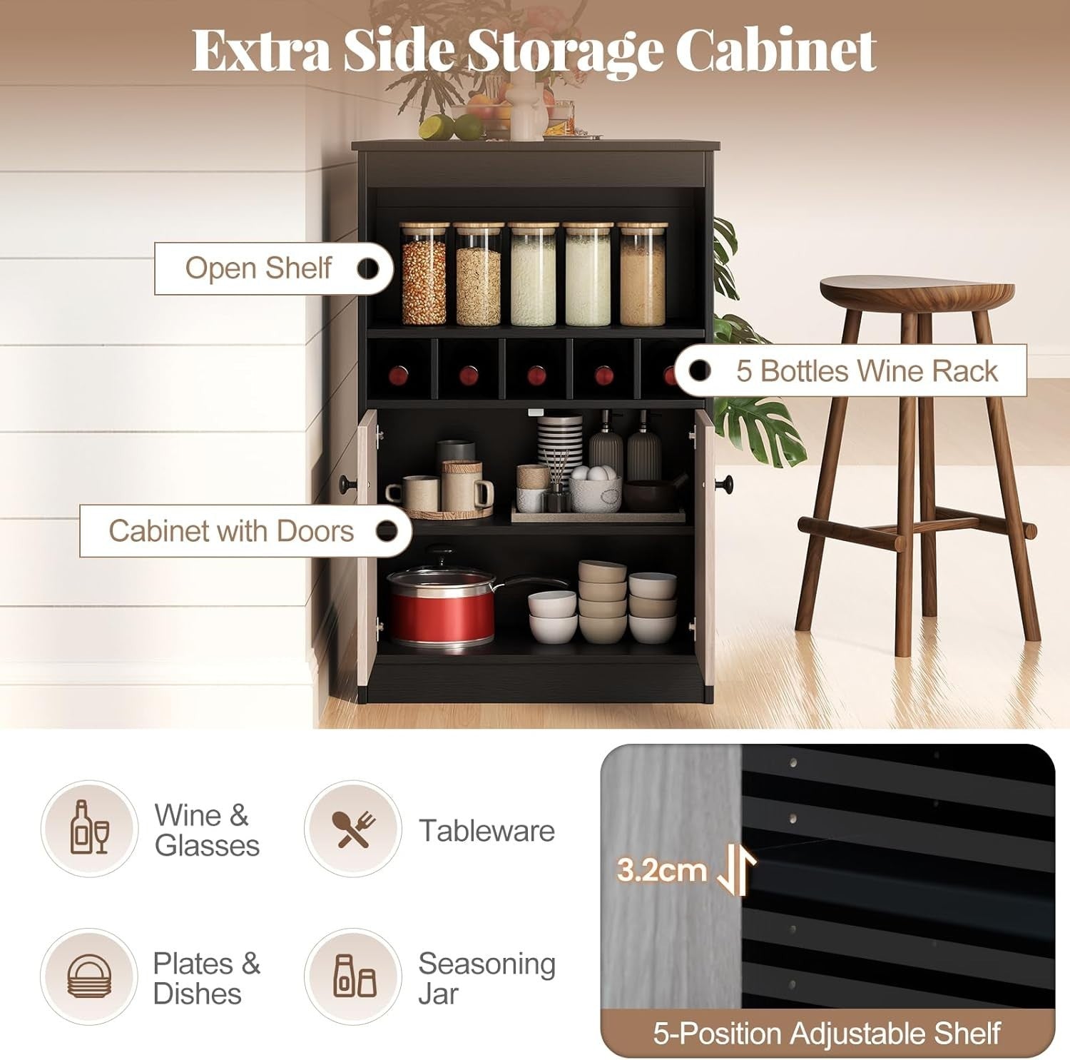 120cm Counter Height Bar Table with Storage, Wine Rack & Adjustable Shelf Unit