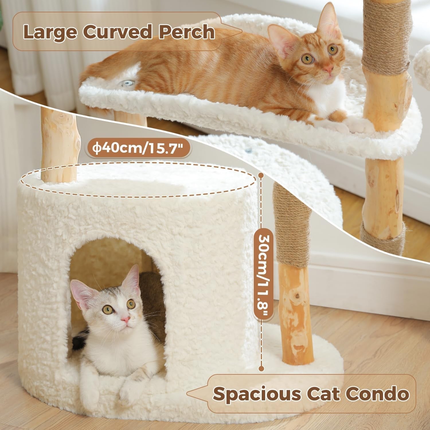 Modern Wooden Cat Tree 38in Tower with Wicker Basket Condo Curved Perch