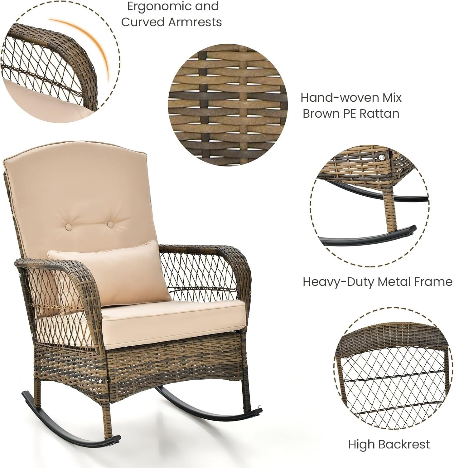 3pc Outdoor Rattan Rocking Bistro Set Cushioned Chairs Glass Table Patio
