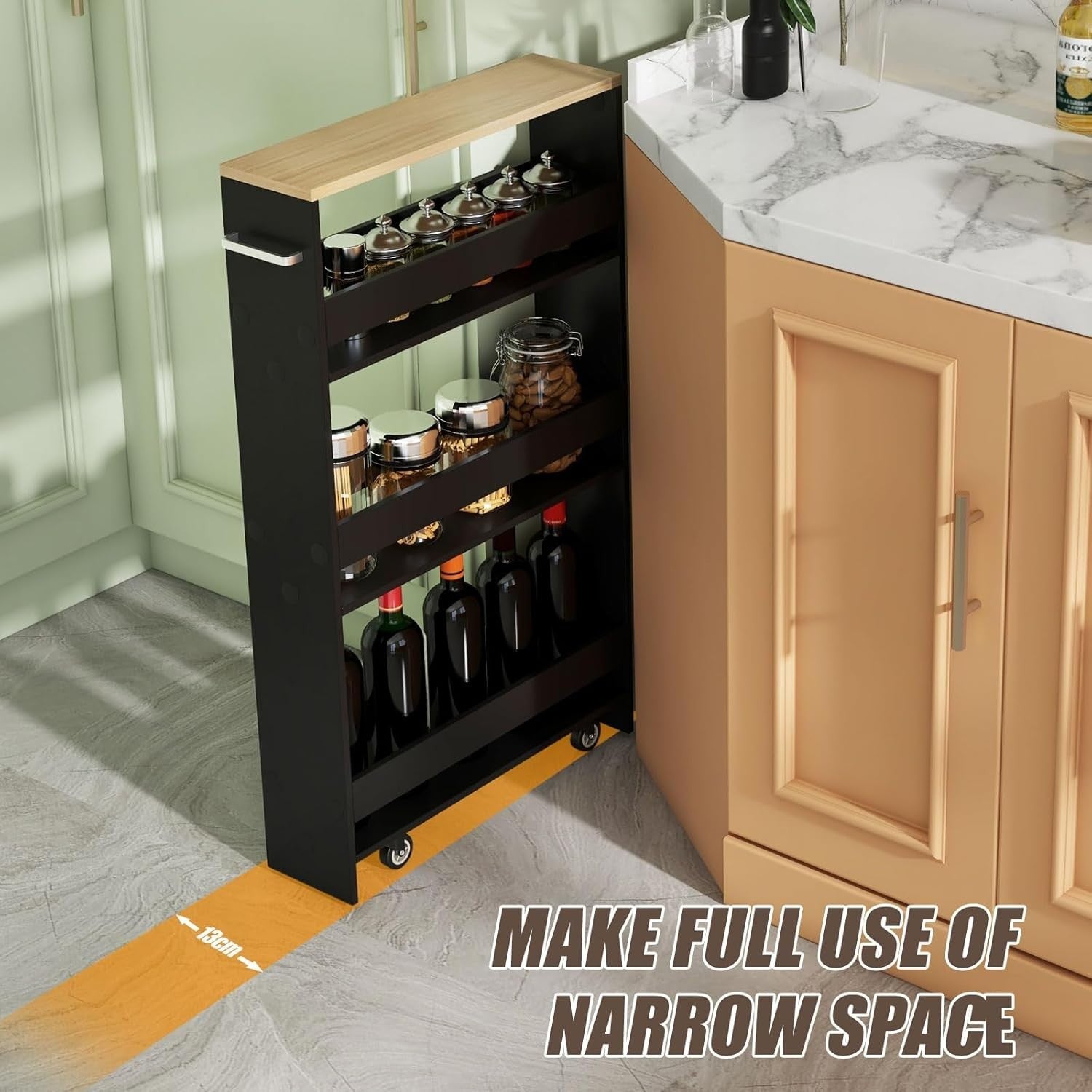 4 Tier Slim Storage Trolley Rolling Kitchen Cart Black Natural Narrow