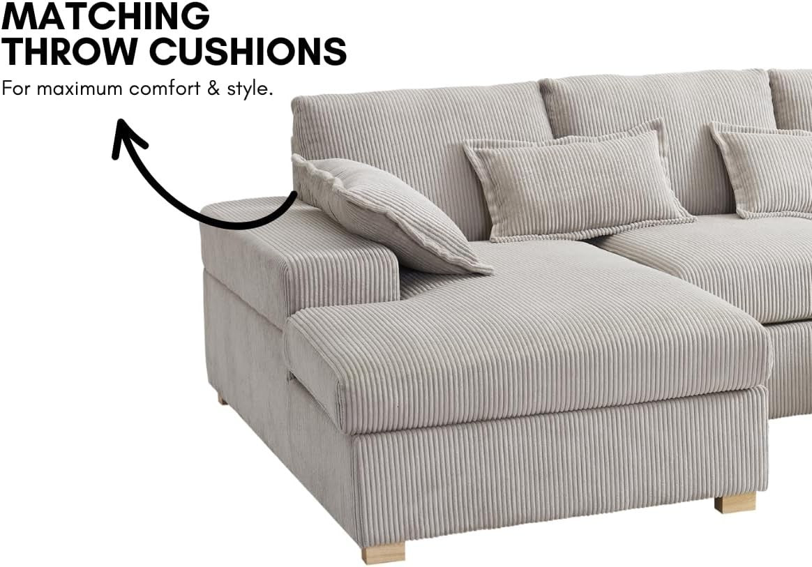U-Shape Jumbo Cord Sofa Stone Grey 4-Seater | Deep Seat + Optional Footstool