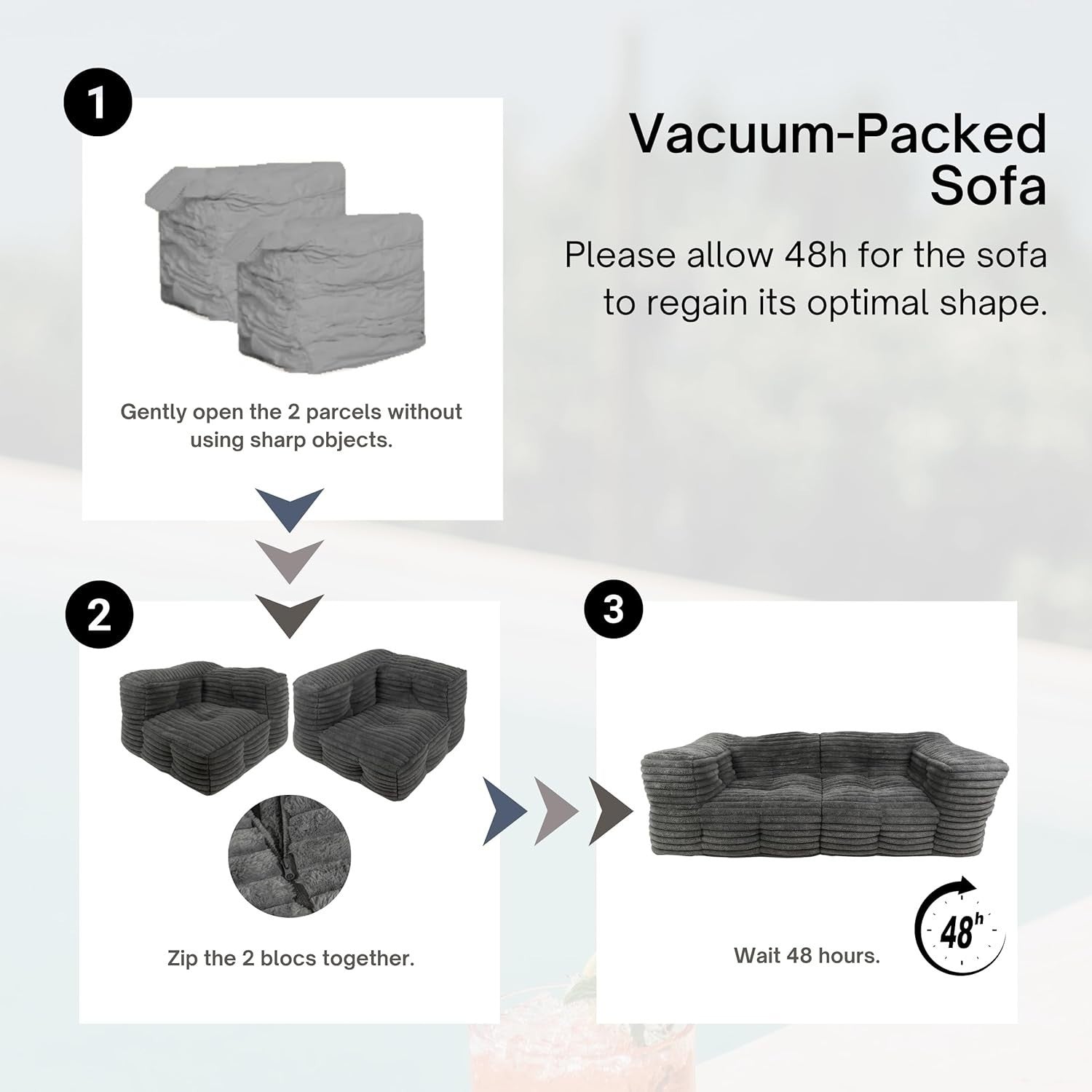3 Seater Faux Fur Sofa Bed Grey | Modular Ribbed Lounge Couch Convertible