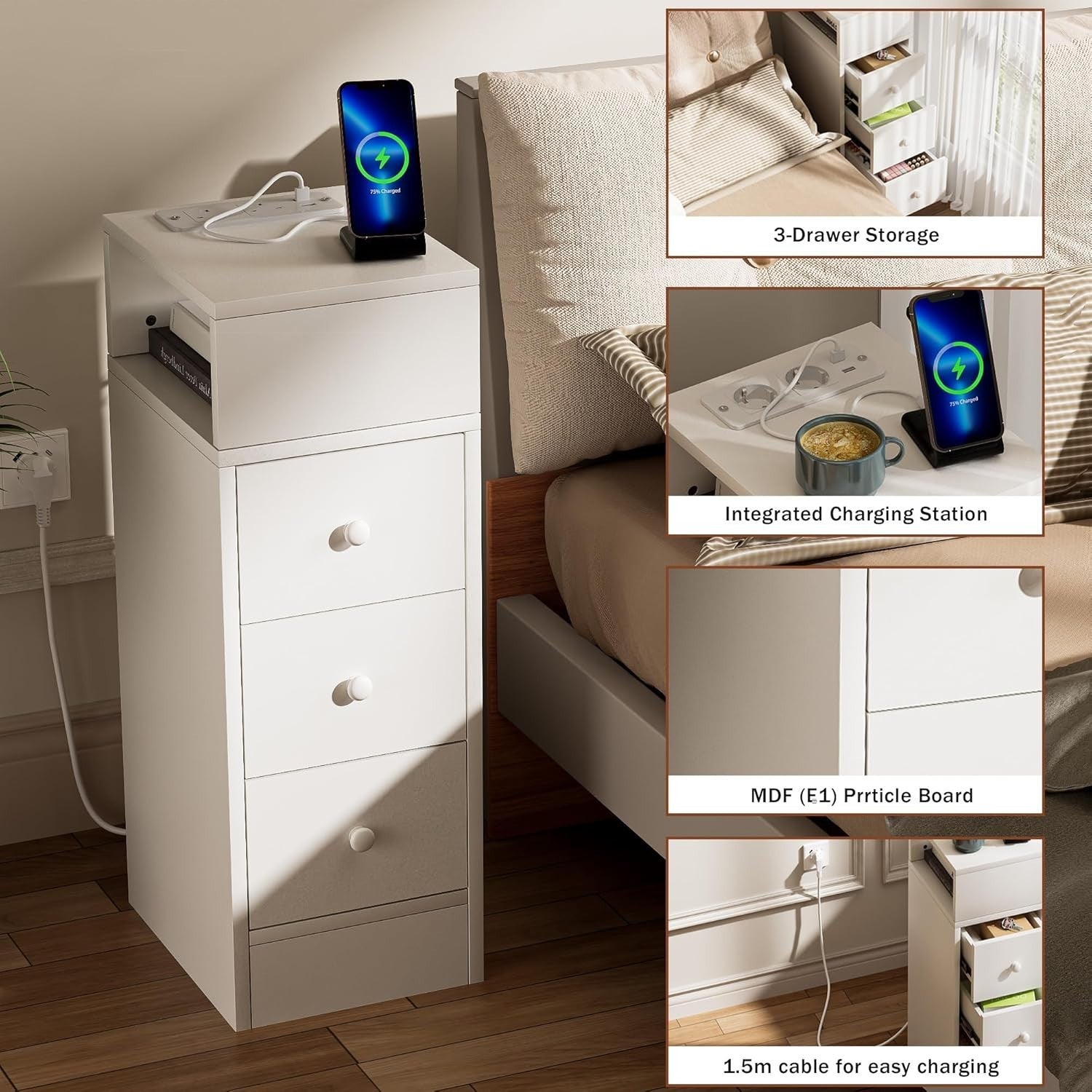 Slim White 3 Drawer Bedside Table with Charging Station | Modern Bedroom Storage