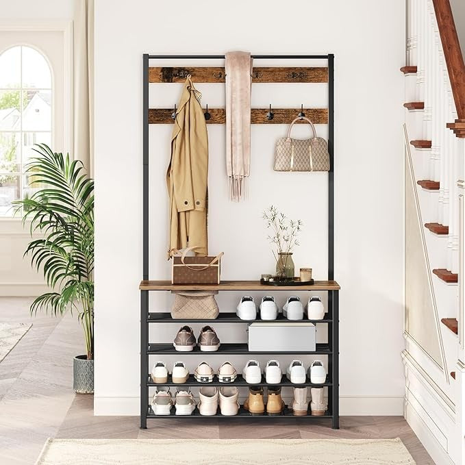 Industrial Coat Rack with Shoe Bench & 9 Hooks | Rustic Brown Hall Tree Organize