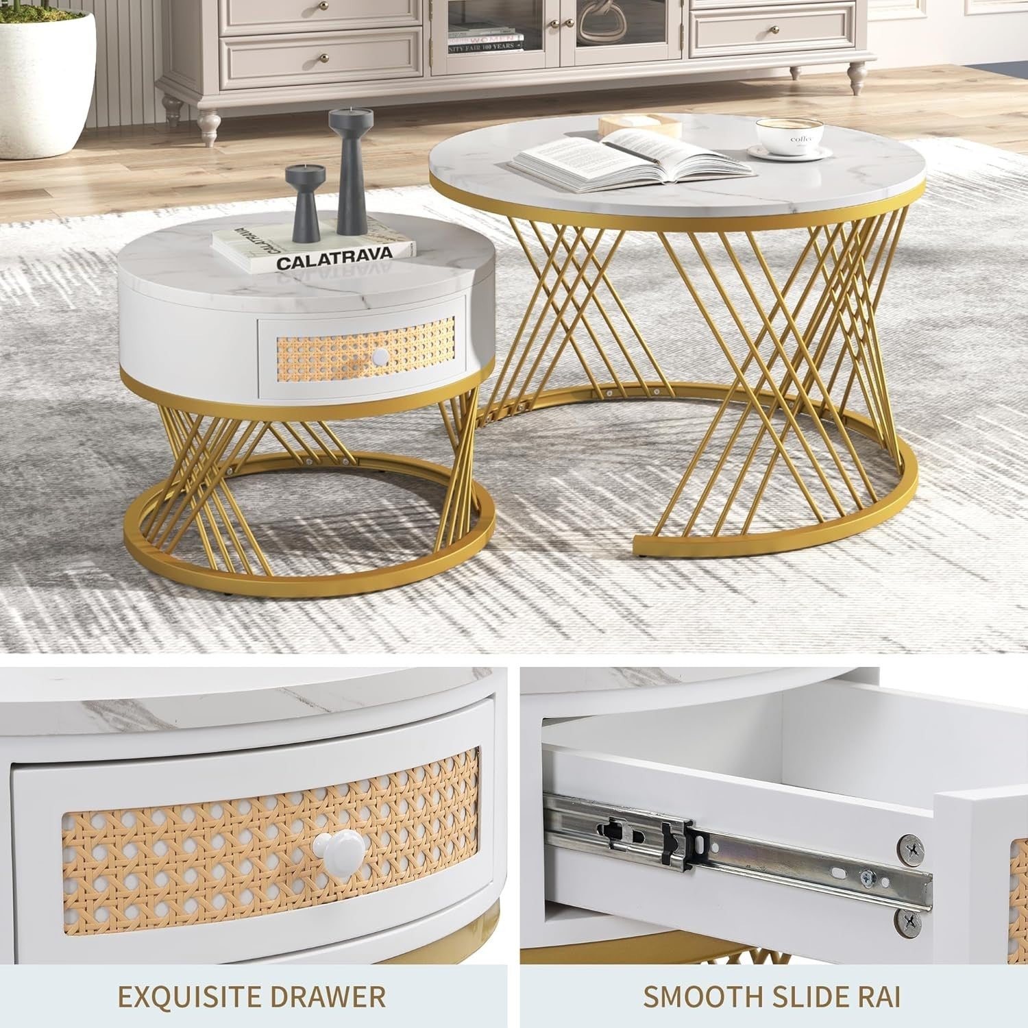 ModernLuxe 2-in-1 Round Coffee Table Set with Marble Top, Rattan Drawer