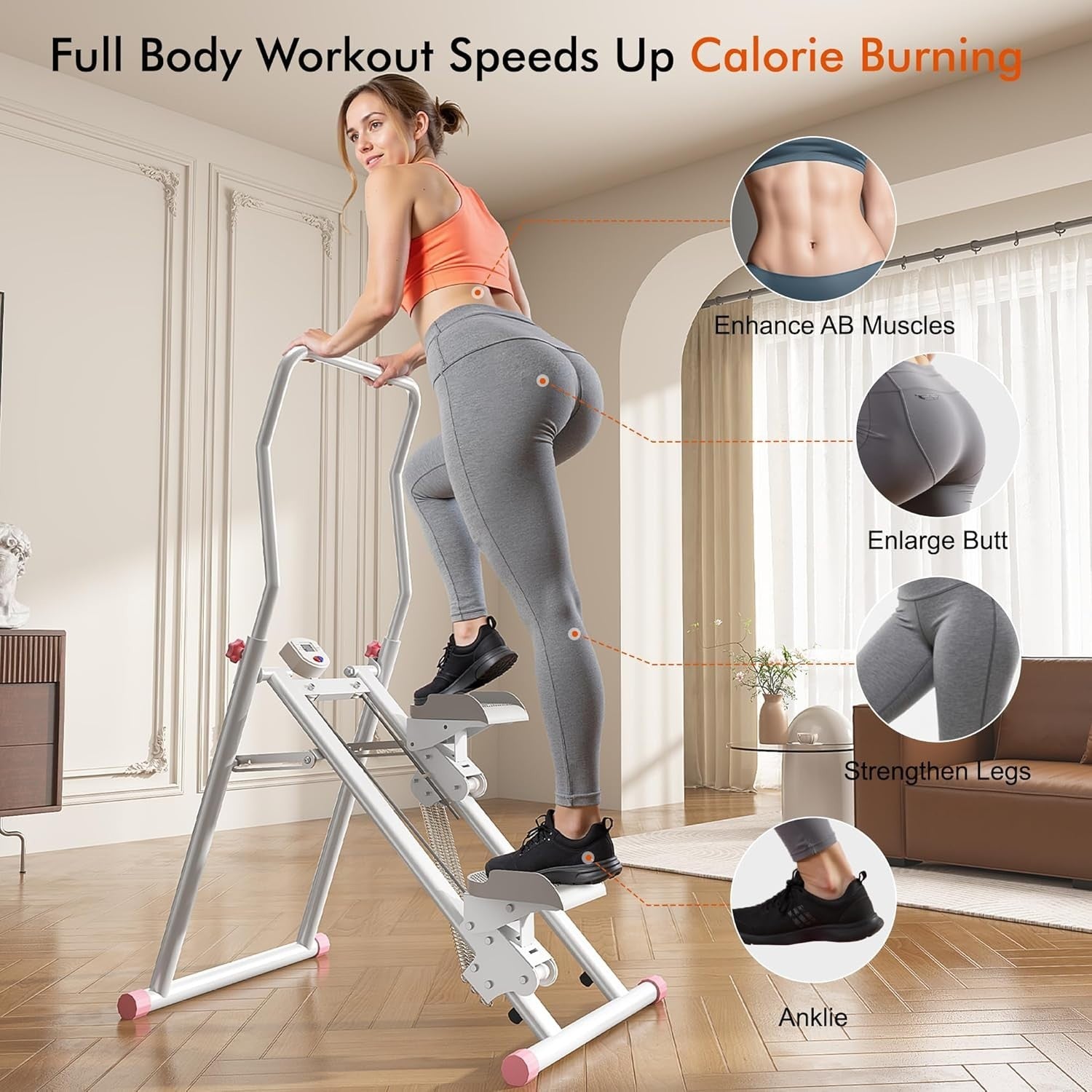 Pink Foldable Stair Climber w/ LCD Monitor, 3 Resistance Levels & Adjustable