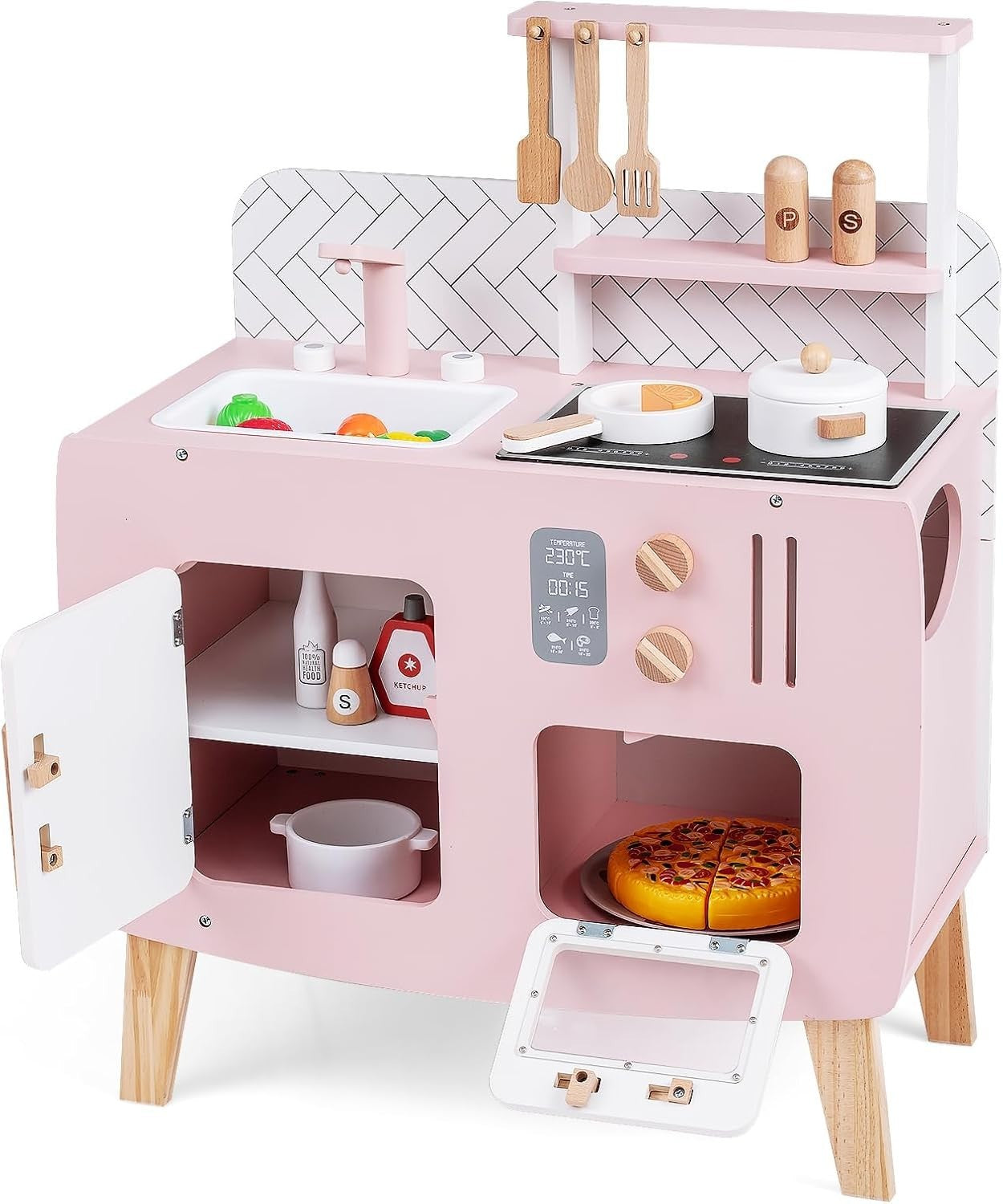 Kids Wooden Play Kitchen Pink w/ Oven Sink Stove Accessories