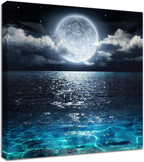 Moon Ocean Canvas Wall Art 12x12 Night Seascape Blue Framed Bedroom Decor