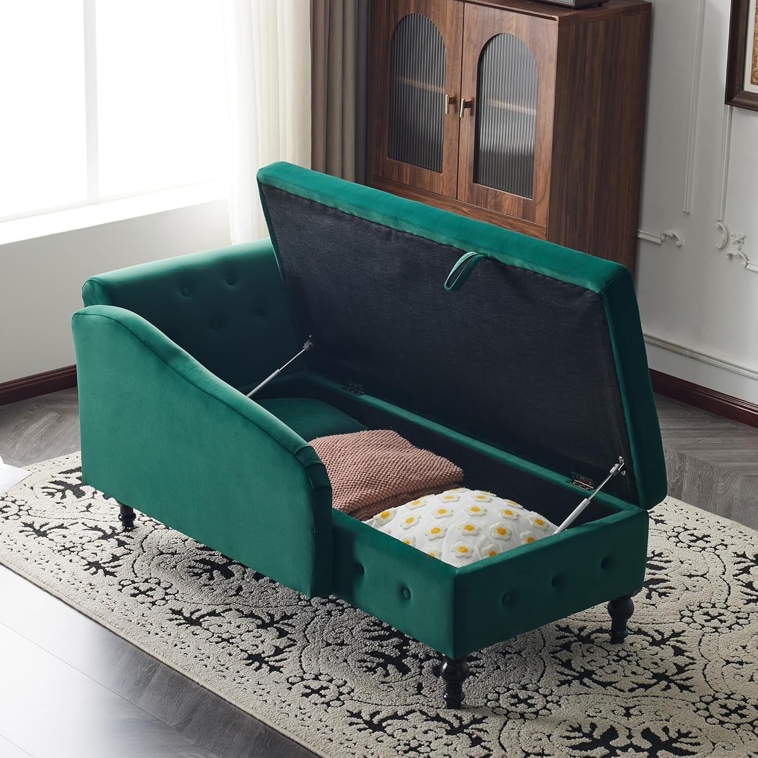 Velvet Chaise Lounge Sofa w/Storage & Pillow Right Armrest Green Tufted