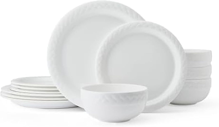 12 Piece Bone China Dinner Set Lightweight Chip Resistant Plates Bowls White