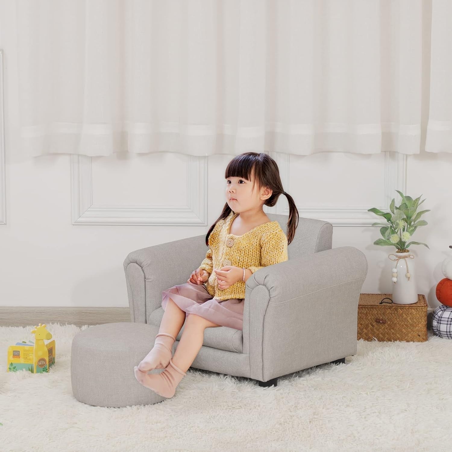Toddler Armchair with Footstool – Kids Grey PVC Leather Sofa Chair
