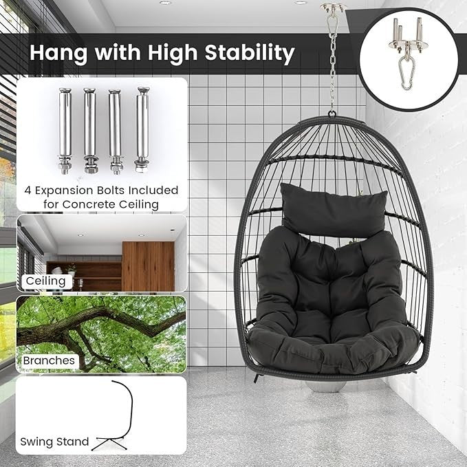 Foldable Hanging Egg Chair with Cushion & Pillow – Indoor Outdoor Swing Seat